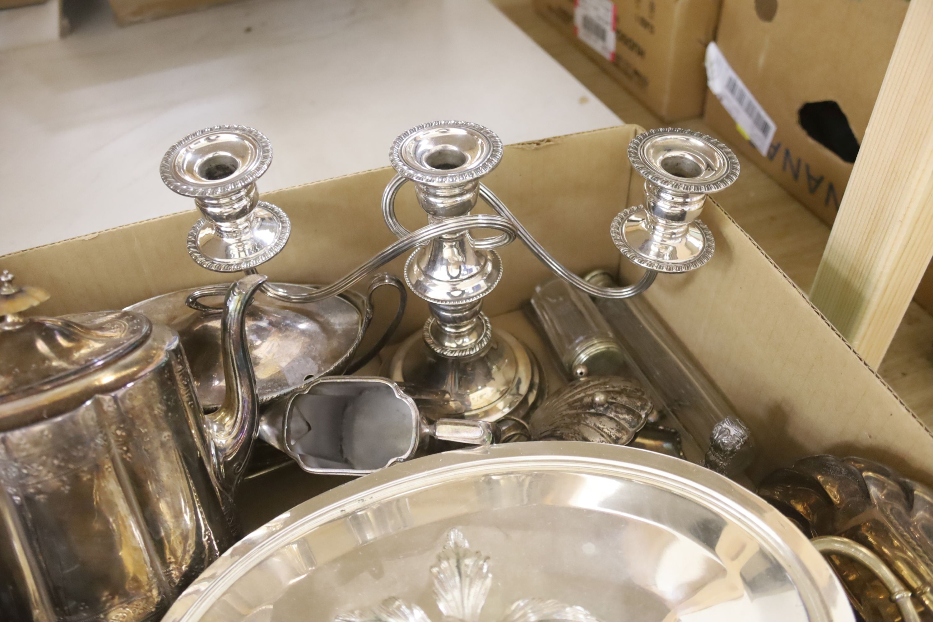 Assorted plated wares including tea set, candelabra, flatware, 19th century tureens and covers etc.